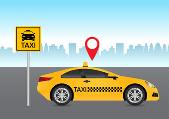 Taxi Car. Taxi in the City. Vector Illustration. 