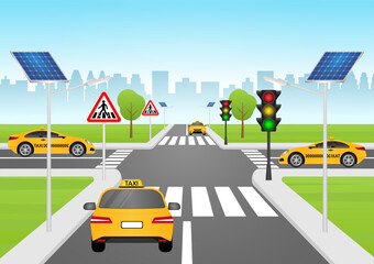 Taxi Drive along the Road in the City. Taxi Service Concept. Vector Illustration. 