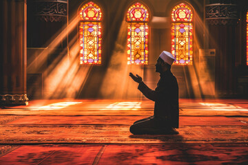 Silhouette of Indonesian Muslim man praying in the mosque - obrazy, fototapety, plakaty
