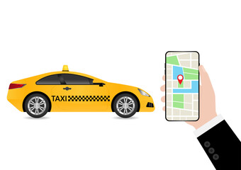 Taxi Online Application on Smartphone. Calling or Booking Taxi Service Concept.  Vector Illustration. 
