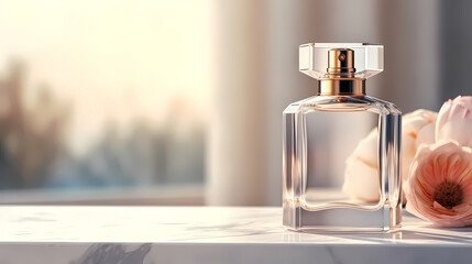 Perfume transparent bottle on pastel background, perfume display - obrazy, fototapety, plakaty