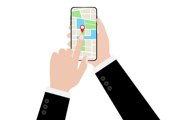 Hand Holding Smartphone with Map Navigation Application. Map GPS Navigation. Vector Illustration. 