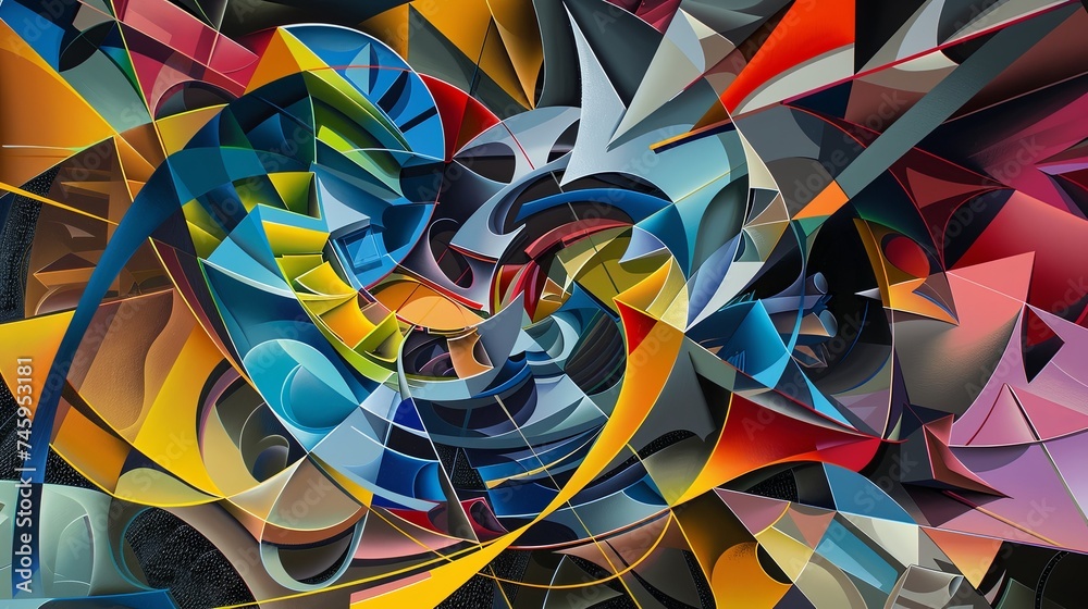 Poster complex geometric abstract with vivid colors this abstract artwork showcases a complex geometric str