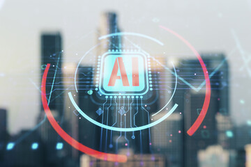 Double exposure of creative artificial Intelligence abbreviation hologram on blurry office...