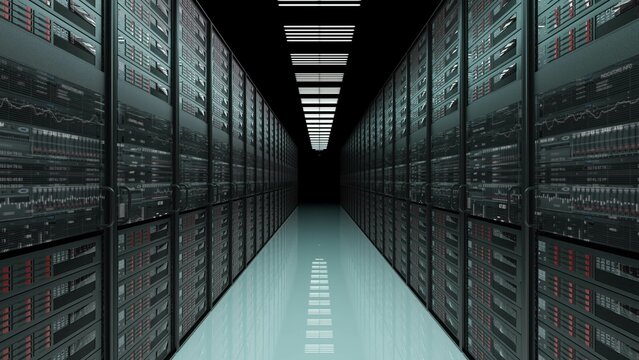 Symmetrical rows of metal servers in monochrome darkness of data center