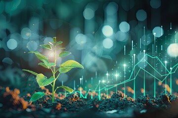Sapling Growth with Digital Technology Overlay A digital composite image of a young plant sapling with vibrant green leaves, intertwined with glowing technology and data graphics.

 - Powered by Adobe