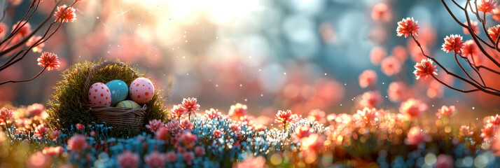 Warm sunlight illuminates a bird's nest full of speckled Easter eggs amidst a bed of vibrant red flowers - obrazy, fototapety, plakaty