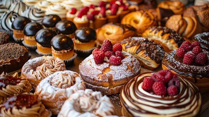 Assorted Gourmet Pastries with Fresh Berries A decadent display of assorted gourmet pastries, topped with fresh raspberries and drizzled with chocolate and caramel, ready to delight the senses.

