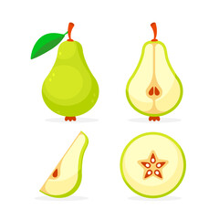 Green pear set. Sliced pears collection. Vector illustration