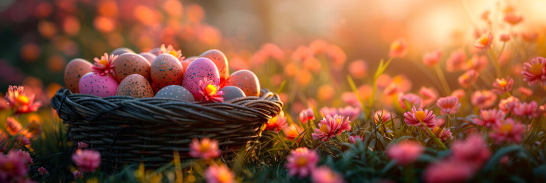 A vibrant image portraying Easter eggs in a basket surrounded by pink wildflowers during sunset
