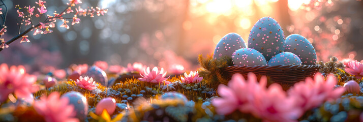A nest full of speckled Easter eggs nestled among pink flowers, basked in soft sunlight