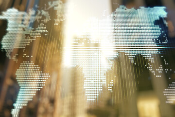 Abstract creative digital world map on modern architecture background, globalization concept....