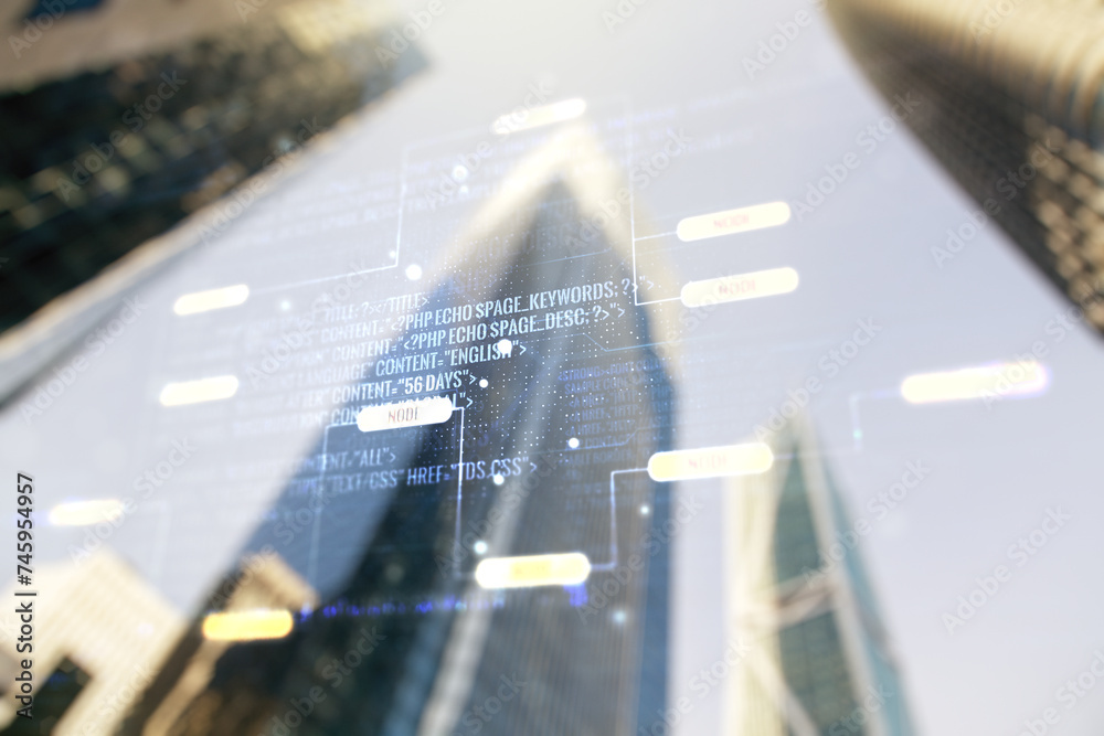 Fototapete multi exposure of abstract graphic coding sketch on modern architecture background, big data and net