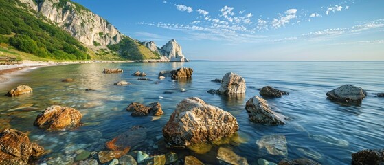 Morning light bathes a rugged coastal landscape, with towering cliffs descending into a serene sea....