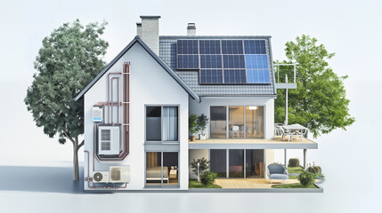 modern house building with solar panels and heat pump illustration - 745954999