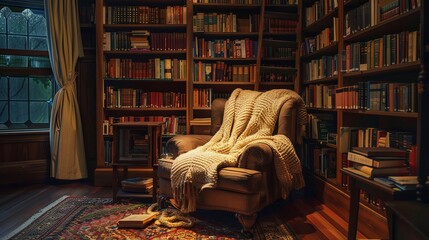 Vintage Library Corner with Leather Armchair A classic vintage library corner with a luxurious leather armchair draped with a cozy knitted blanket, inviting a relaxed reading session on a rainy day.

