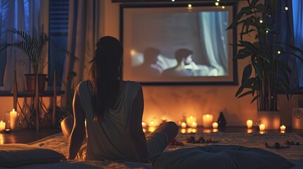 Cozy Home Movie Night with Candles A person enjoys a relaxing movie night at home, surrounded by the ambient glow of candlelight and houseplants.

