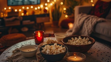 Fototapeta premium Inviting Movie Night Setup with Snacks and Candles An intimate and welcoming movie night scene with bowls of popcorn, lit candles, and warm bokeh lights creating a relaxing ambiance.