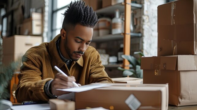 A focused young entrepreneur is diligently managing inventory and preparing shipments in his well-organized home office space. Entrepreneur Organizing Orders in Home Office

