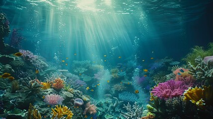 Underwater Paradise: Coral Reef and Marine Life An underwater paradise comes to life with vibrant coral reefs teeming with diverse marine life, bathed in the ethereal sunlight filtering through the o
