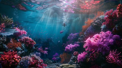 Vibrant Underwater Coral Reef Ecosystem A breathtaking underwater scene featuring a rich coral reef ecosystem with diverse marine life and light rays piercing through the ocean's surface.

