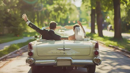 Zelfklevend Fotobehang Newlyweds Celebrating in a Classic Convertible Car  A joyful bride and groom wave hands in the air while riding away in a vintage convertible car, basking in their wedding day happiness.  © M