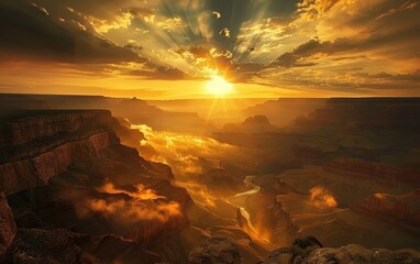 Sunbeams dance through clouds over the Grand Canyon, highlighting the winding river below. The golden hour brings a magical quality to this ancient landscape.