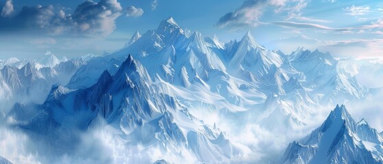 An awe-inspiring panoramic view of towering mountains blanketed in snow under a serene blue sky. The play of light and shadow accentuates the rugged textures of the peaks.