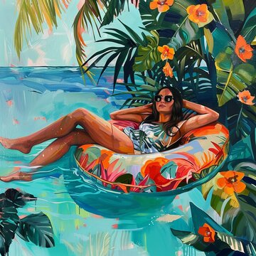 Tropical Poolside Leisure in Vibrant Painting This vibrant painting captures a woman in sunglasses lounging on a float in a tropical pool, surrounded by lush flora and reflective water.

