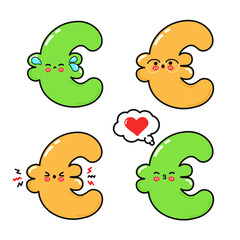 Funny cute Euro sign characters bundle set. Vector hand drawn doodle style cartoon character illustration icon design. Isolated white background. Euro sign mascot collection