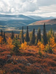 An autumnal tapestry unfolds across a mountain vista, with golden larches punctuating the russet-toned underbrush and distant peaks standing sentinel under a cloud-speckled sky.