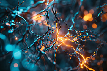 A close-up of a synapse firing, illustrating the transmission of signals between brain cells. Concept of neural communication. Abstract curly tendrils background - obrazy, fototapety, plakaty