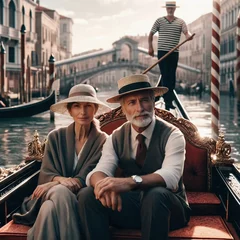 Foto op Canvas Middle aged couple on a romantic gondola ride in Venice sightseeing the city. Travel, vacation, romance. Partnership. Love relationship. Boyfriend and girlfriend. Married couple. Generative AI © JR Digital Art