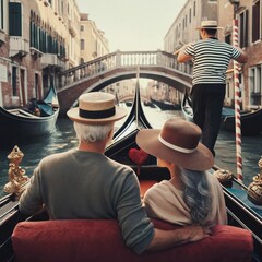 Middle aged couple on a romantic gondola ride in Venice sightseeing the city. Travel, vacation, romance. Partnership. Love relationship. Boyfriend and girlfriend. Married couple. Generative AI - obrazy, fototapety, plakaty