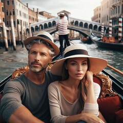 Middle aged couple on a romantic gondola ride in Venice sightseeing the city. Travel, vacation, romance. Partnership. Love relationship. Boyfriend and girlfriend. Married couple. Generative AI - obrazy, fototapety, plakaty