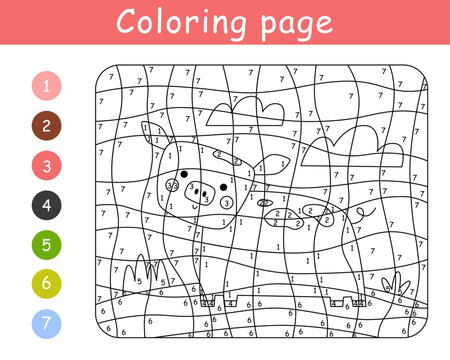 Color by number game for kids. Childish cute pig. Farm coloring page. Printable worksheet with solution for school and preschool. Learning numbers activity.