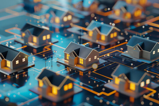 Smart City Concept, Digitalized Real Estate Network, Technological Housing Grid