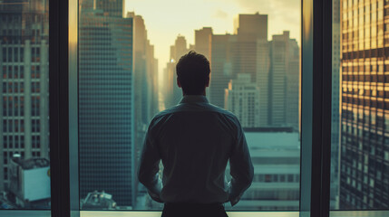 Businessman Contemplating in Front of Cityscape. Silhouette of a businessman looking out at a city skyline, reflecting on business strategy or contemplating future corporate challenges. - obrazy, fototapety, plakaty
