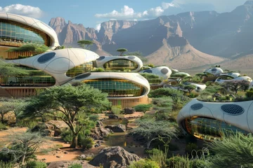 Poster Futuristic architecture blends with arid landscapes, showcasing pod-like structures with golden and glass facades nestled among acacia trees, under a stark mountain backdrop © Thaniya