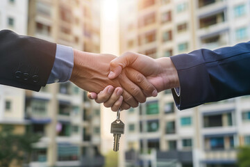 Real Estate Handshake with Key Exchange, Property Deal Finalization