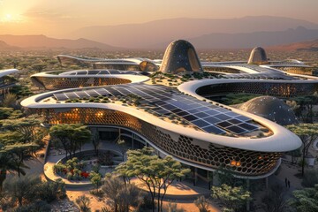 Solar panels crown undulating structures in desert terrain, where modernity meets nature, highlighted by evening's golden hue. Evening sun casts a warm glow on futuristic desert architecture - obrazy, fototapety, plakaty