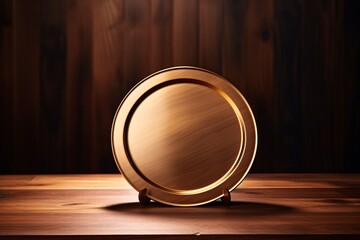 a gold plate on a stand