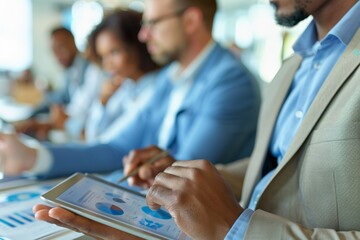 Group of focused professionals in conference, analyzing data on tablets to make data-driven business decisions in collaborative setting. Diverse business team engaged with digital analysis on tablets