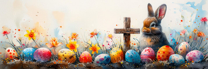 An adorable bunny next to a wooden cross surrounded by vibrantly painted Easter eggs and scattered...