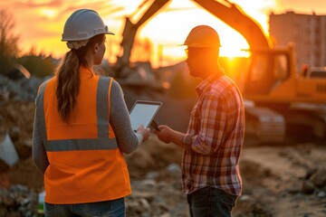 Female Worker and Development Manager with Tablets Lead Construction Site Activity, Overseeing Excavators for Building Foundation Preparation on a Sunny Day	
