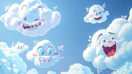 Animated Skies: Expressive Cartoon Clouds with Faces Against a Warm Pastel Sunset, Whimsical 3D Illustration