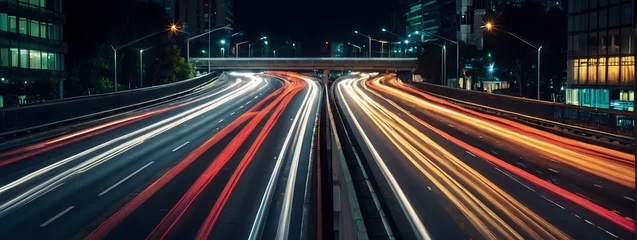 Foto op Plexiglas Dynamic traffic on a city highway, long exposure shot with vibrant light trails. © xKas