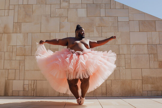 Cute oversize man pretending to be a ballerina is dancing ballet. Funny man with big belly in fairy ballerina dress.