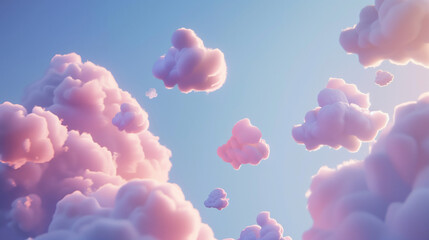 Fototapeta premium Surreal Skyscape: Panoramic View of a Dreamy Cartoon Landscape with Vibrant Clouds and Starry Sky, Ethereal Nature Fantasy