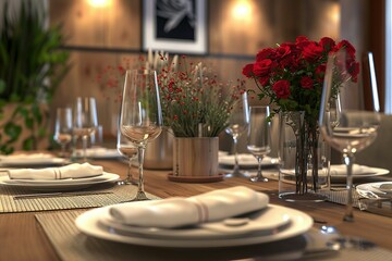 Contemporary fine dining restaurant concept, restaurant table, Wine glasses in the restaurant table, Dining table in the luxury restaurant,